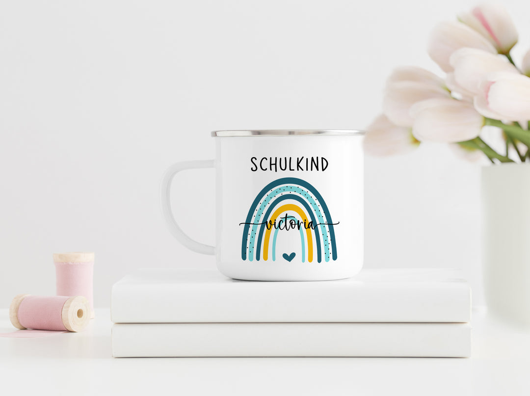 Personalisierter Emaillebecher | Schulkind Regenbogen blau | Emaille Tasse | Rand schwarz oder silber | mit Wunschnamen | Einschulung