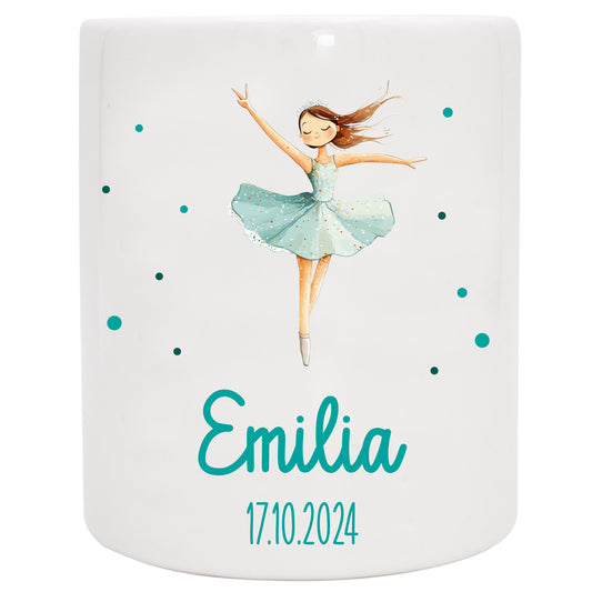Keramik Spardose mit Name + Datum | Ballerina türkis