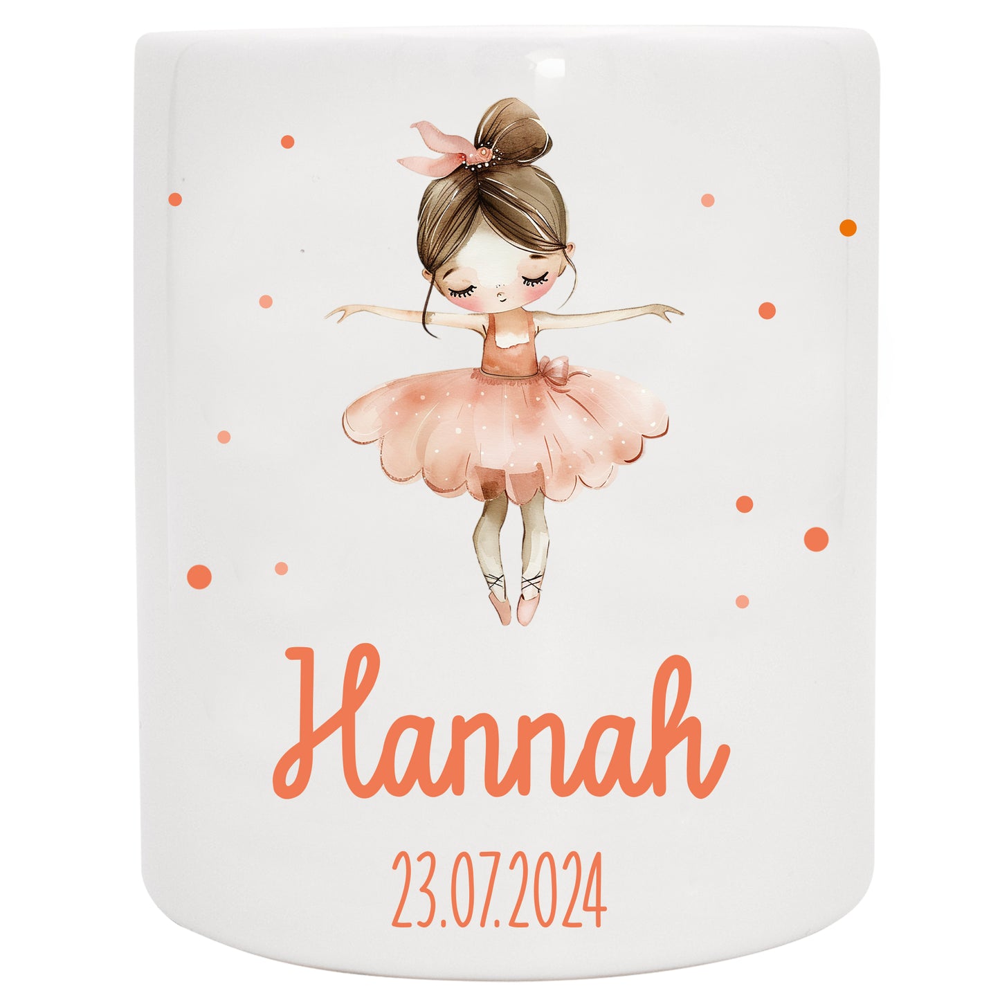 Keramik Spardose mit Name + Datum | Ballerina rosa apricot