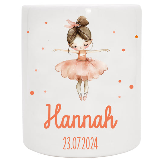 Keramik Spardose mit Name + Datum | Ballerina rosa apricot