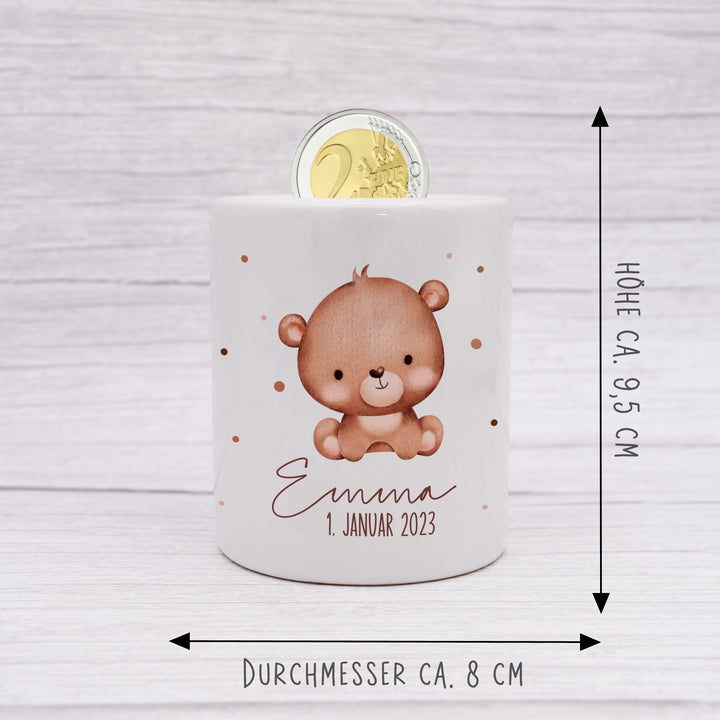 Personalisierte Spardose aus Keramik | mit Wunschnamen und Datum | Bär | Tierkinder