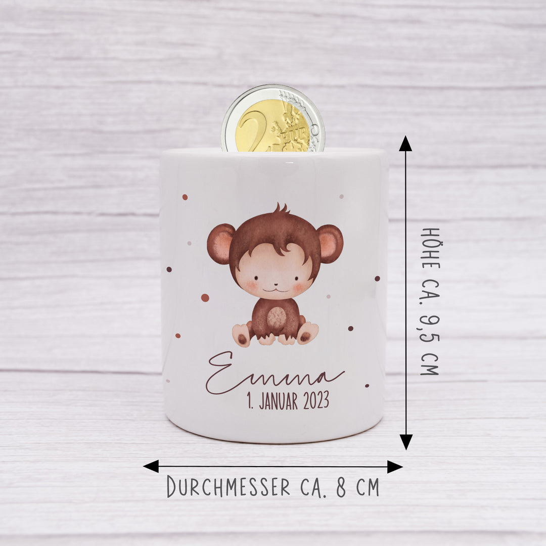Affe | Tierkinder | Spardose Keramik | mit Wunschnamen und Datum personalisiert