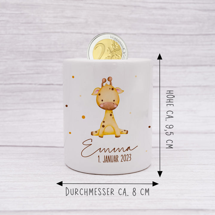 Personalisierte Spardose aus Keramik | mit Wunschnamen und Datum | Giraffe | Tierkinder