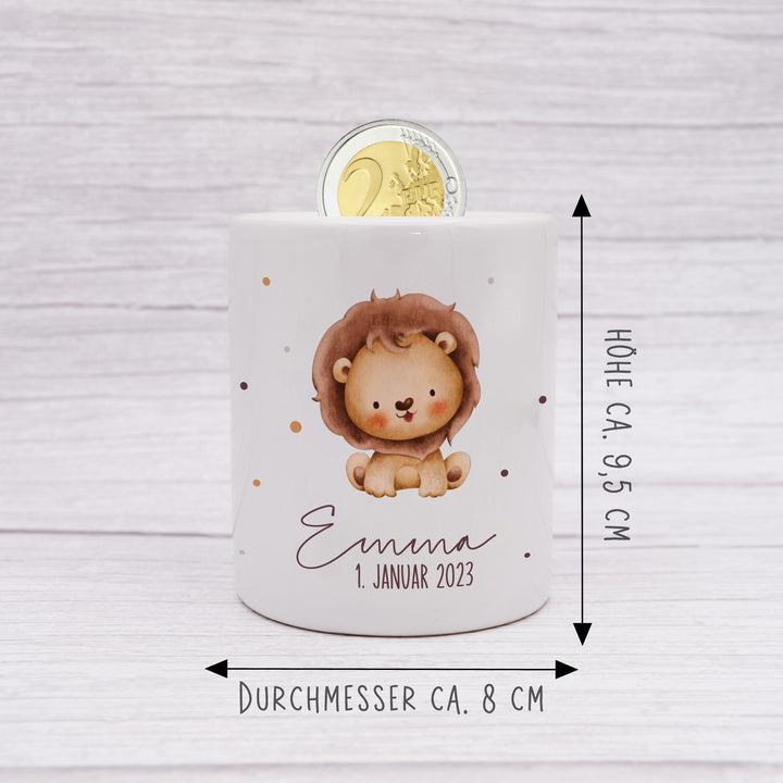 Personalisierte Spardose aus Keramik | mit Wunschnamen und Datum | Löwe | Tierkinder