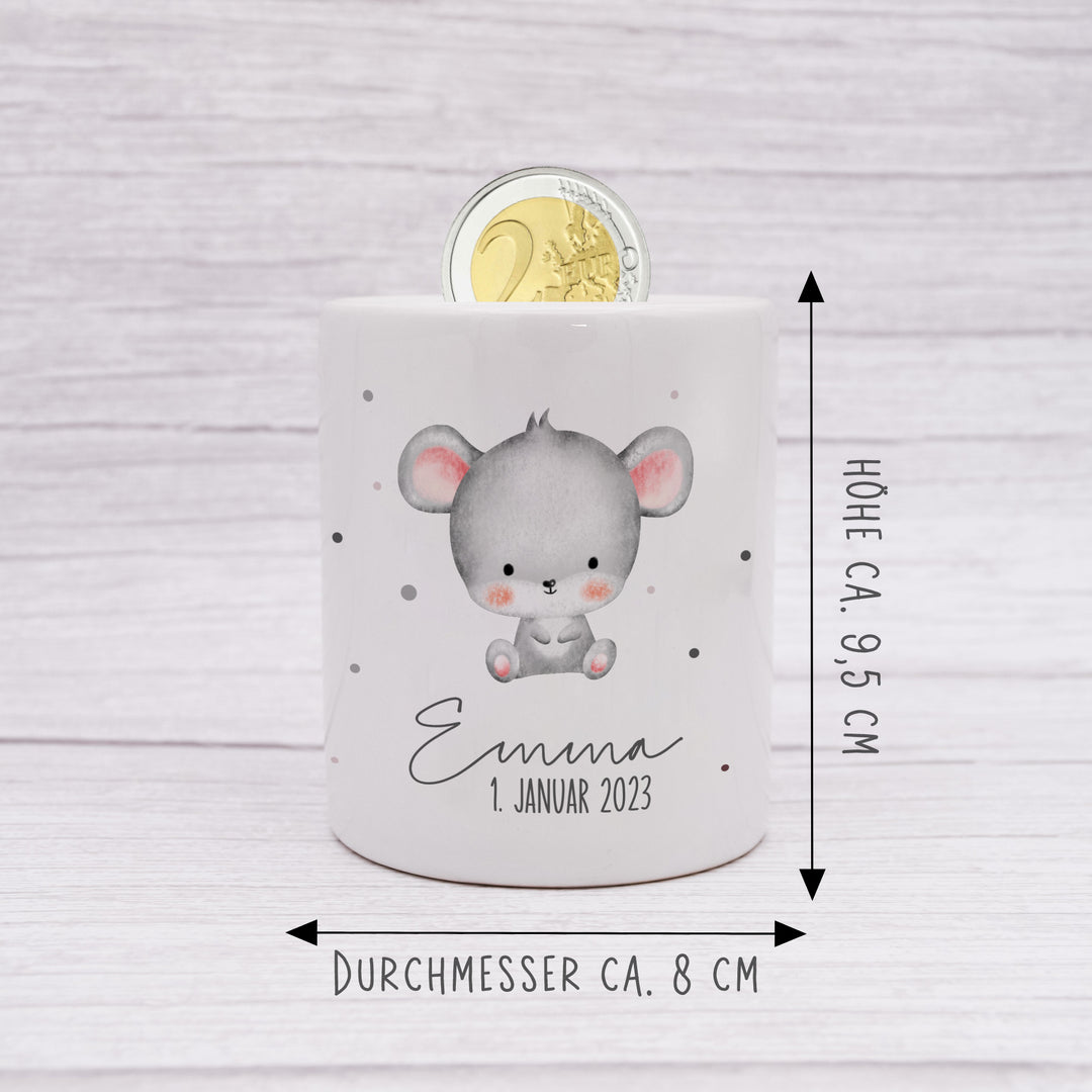 Personalisierte Spardose aus Keramik | mit Wunschnamen und Datum | Maus | Tierkinder