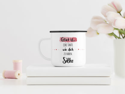Emaille Tasse mit Namen | Glück ist eine Tante wie dich zu haben
