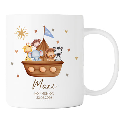 Keramik Tasse mit Namen, Datum + Anlass | Arche Noah blau