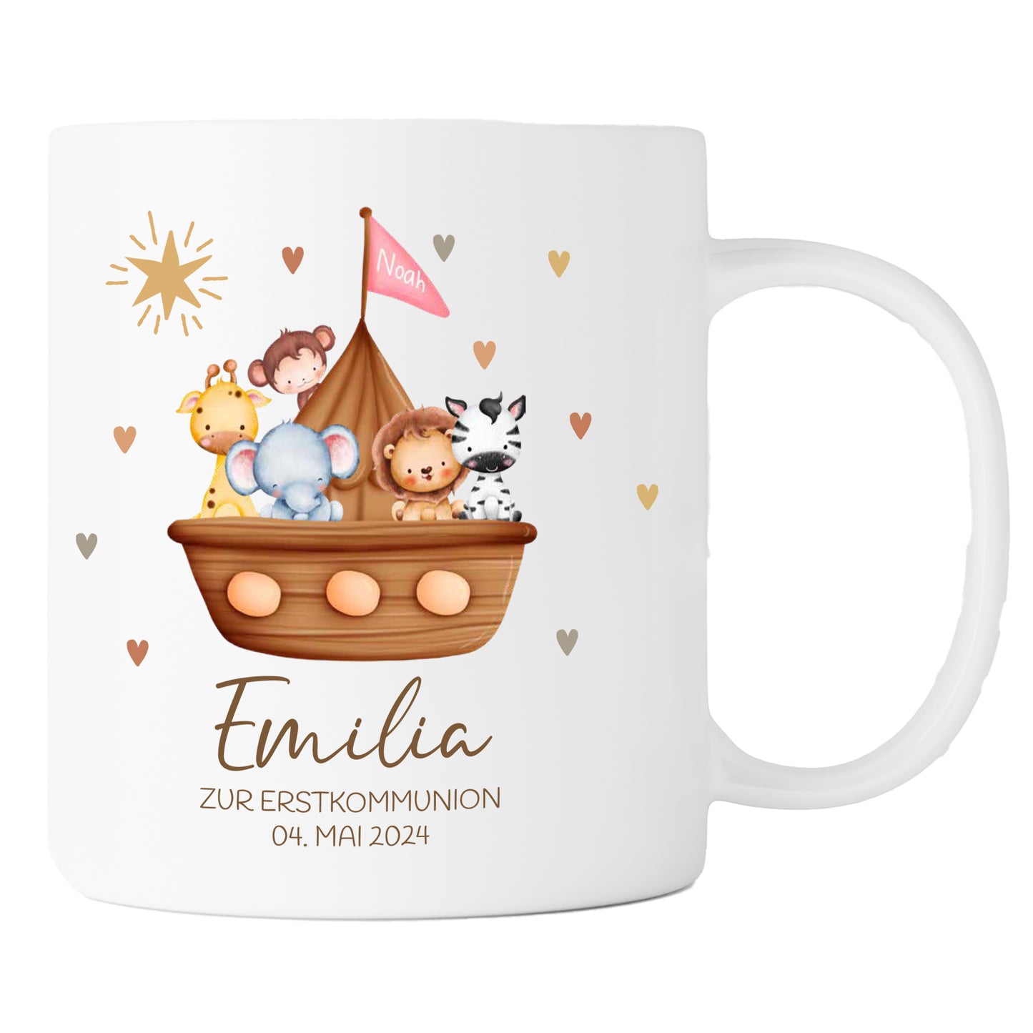 Keramik Tasse mit Namen, Datum + Anlass | Arche Noah rosa