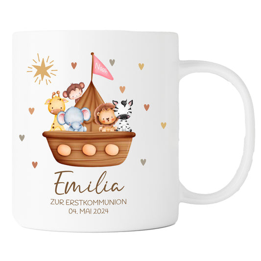 Keramik Tasse mit Namen, Datum + Anlass | Arche Noah rosa