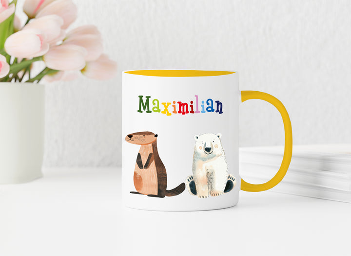 Personalisierte Tasse | mit Wunschnamen | Tierparty | Geschenk mit Name in bunt oder passend zu deiner Tassenfarbe | 13 verschiedene Farben