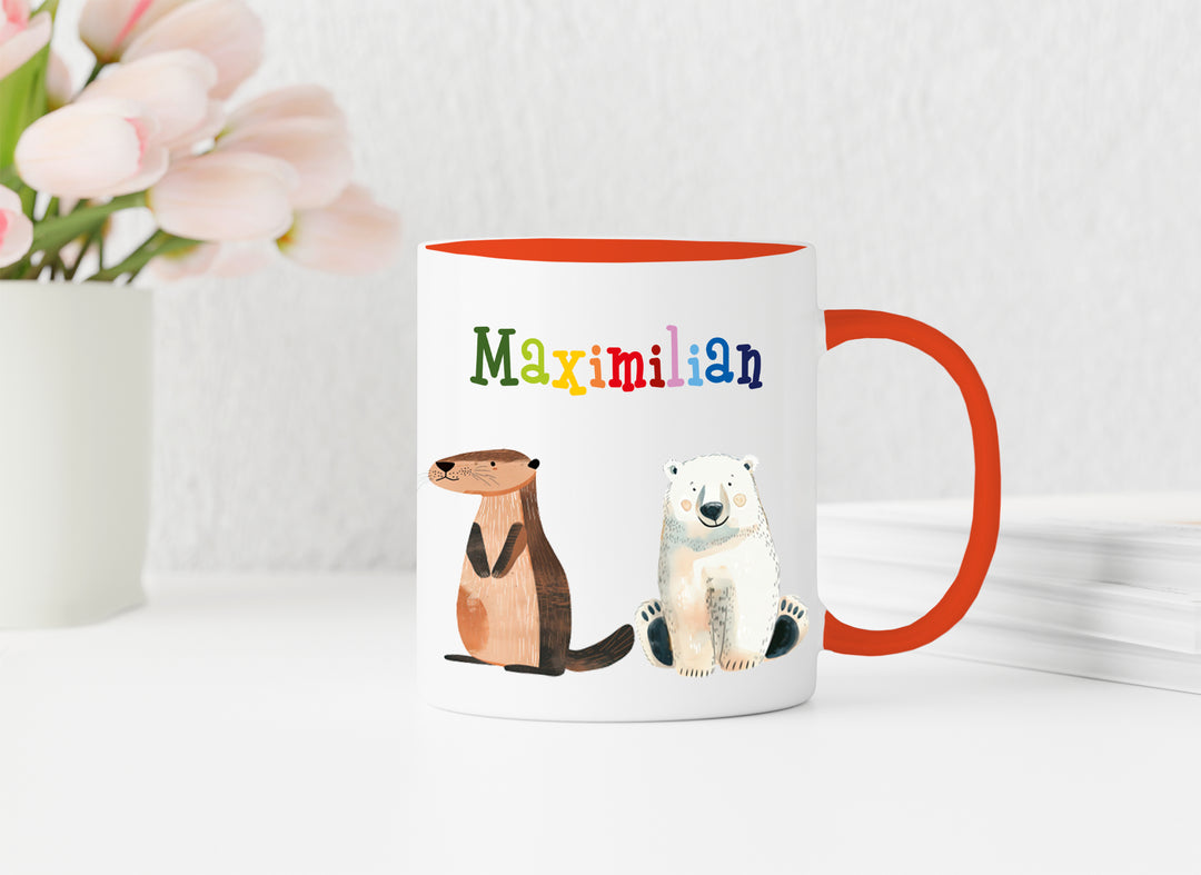 Personalisierte Tasse | mit Wunschnamen | Tierparty | Geschenk mit Name in bunt oder passend zu deiner Tassenfarbe | 13 verschiedene Farben