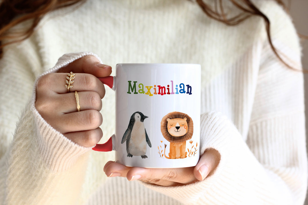 Personalisierte Tasse | mit Wunschnamen | Tierparty | Geschenk mit Name in bunt oder passend zu deiner Tassenfarbe | 13 verschiedene Farben