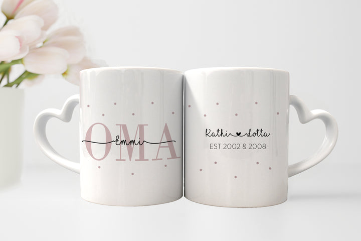 Personalisierte Tassen im Set | Herzhenkel | Kaffeetasse für Oma + Opa | mit Enkelkind Namen | Keramik | Geschenkidee zur goldenen Hochzeit