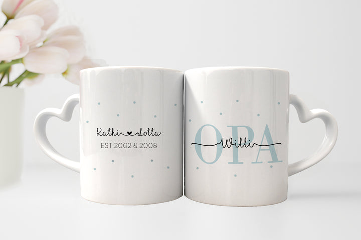 Personalisierte Tassen im Set | Herzhenkel | Kaffeetasse für Oma + Opa | mit Enkelkind Namen | Keramik | Geschenkidee zur goldenen Hochzeit