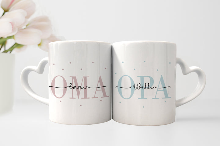 Personalisierte Tassen im Set | Herzhenkel | Kaffeetasse für Oma + Opa | mit Enkelkind Namen | Keramik | Geschenkidee zur goldenen Hochzeit