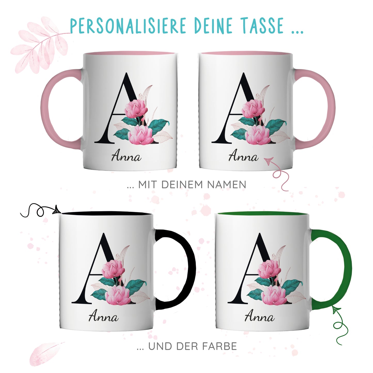 Keramik Tasse mit Namen | Buchstabe Pfingstrose