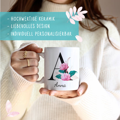 Keramik Tasse mit Namen | Buchstabe Pfingstrose