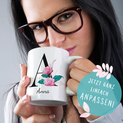 Keramik Tasse mit Namen | Buchstabe Pfingstrose