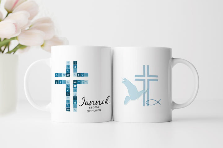 Kreuz Blau | Tasse zur Taufe, Kommunion oder Konfirmation | mit Namen und Datum personalisiert