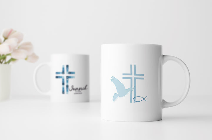 Kreuz Blau | Tasse zur Taufe, Kommunion oder Konfirmation | mit Namen und Datum personalisiert