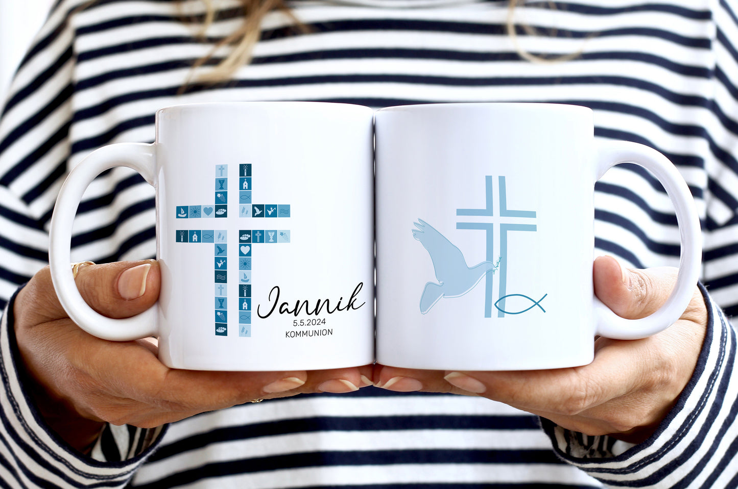 Kreuz Blau | Tasse zur Taufe, Kommunion oder Konfirmation | mit Namen und Datum personalisiert