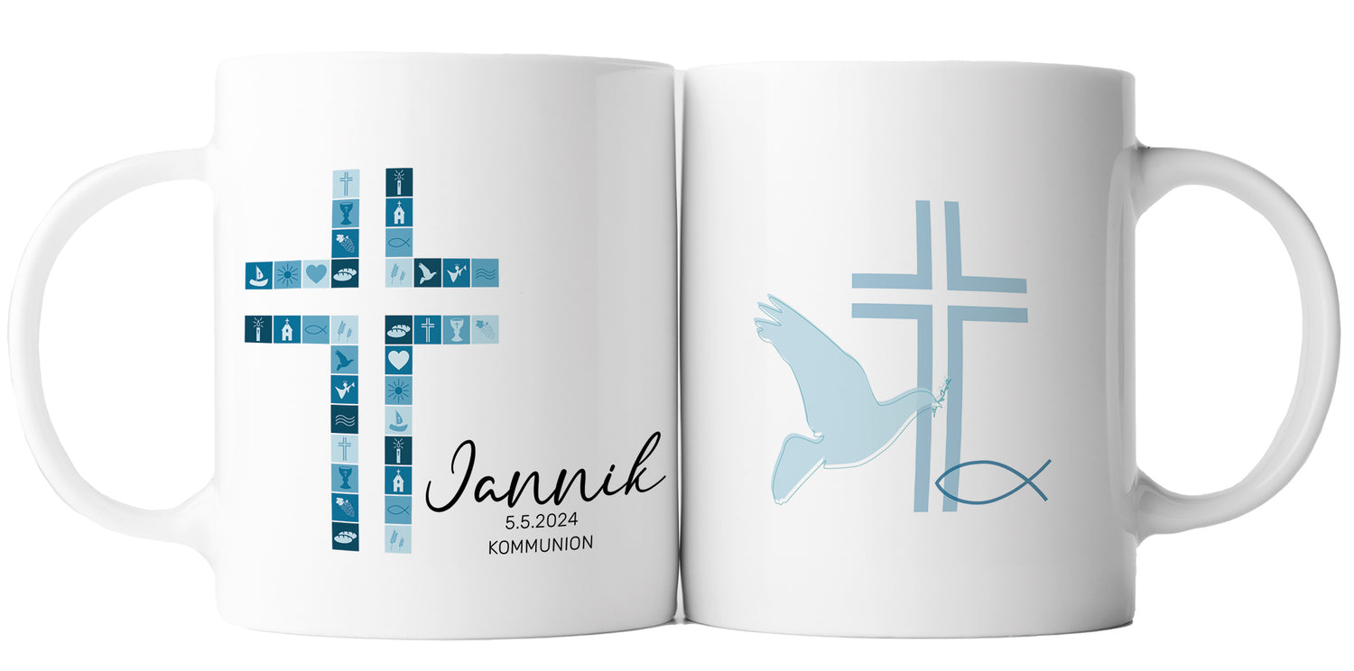 Weiße Tasse mit blauem Kreuz, christlichen Symbolen und Personalisierung zur Kommunion