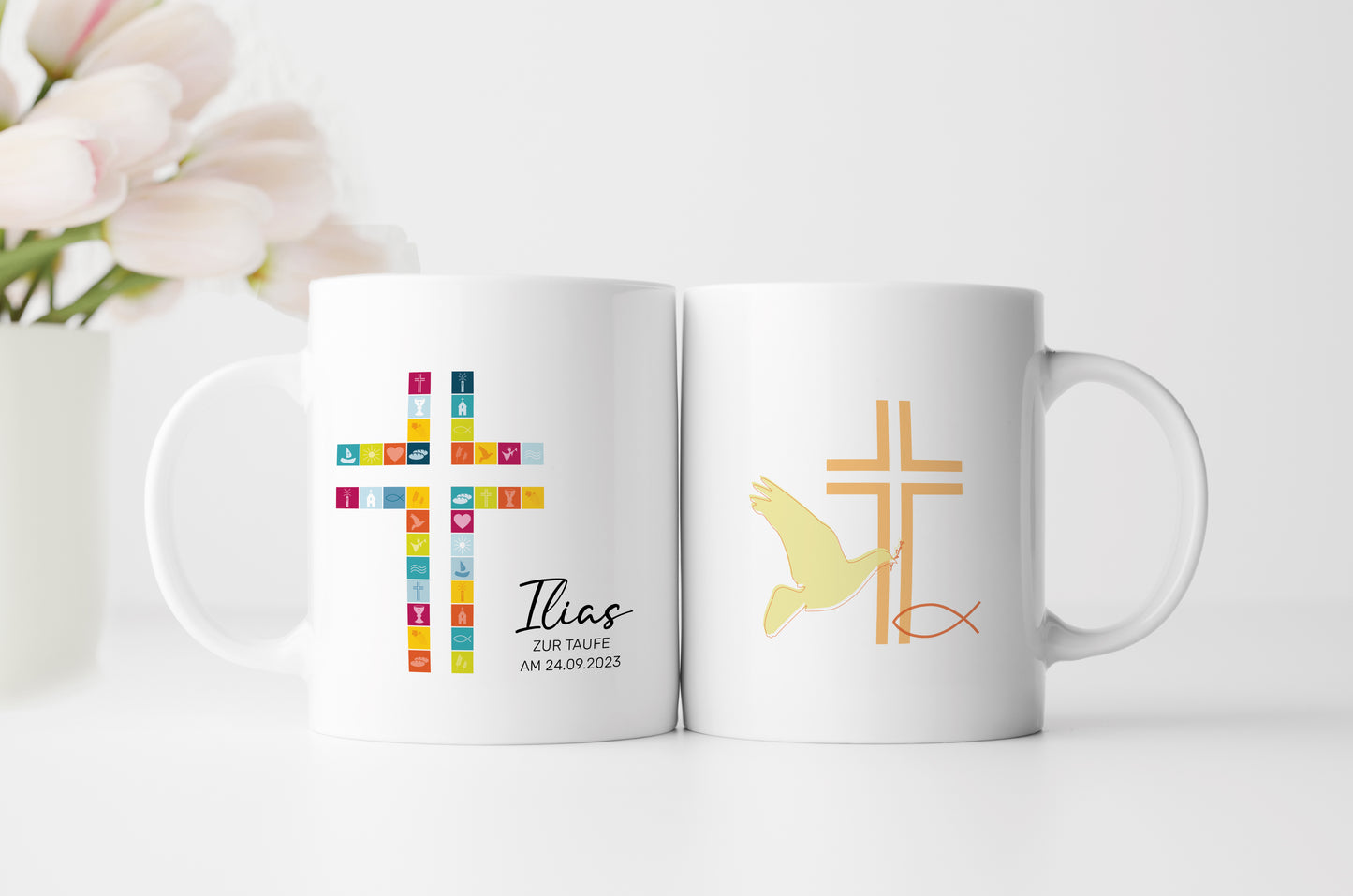 Kreuz Bunt | Tasse zur Taufe, Kommunion oder Konfirmation | mit Namen und Datum personalisiert