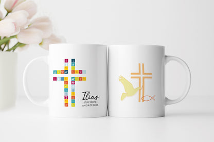 Kreuz Bunt | Tasse zur Taufe, Kommunion oder Konfirmation | mit Namen und Datum personalisiert