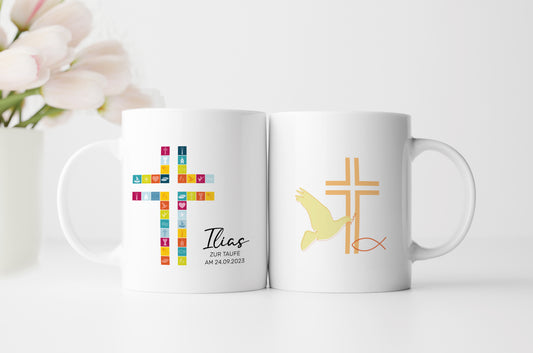Kreuz Bunt | Tasse zur Taufe, Kommunion oder Konfirmation | mit Namen und Datum personalisiert