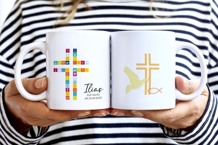 Kreuz Bunt | Tasse zur Taufe, Kommunion oder Konfirmation | mit Namen und Datum personalisiert