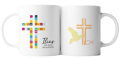 Keramik Tasse mit Namen, Datum + Anlass | Kreuz Bunt