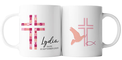 Keramik Tasse mit Namen, Datum + Anlass | Kreuz Rosa