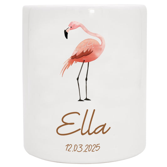 Keramik Spardose mit Name + Datum | Tierparty - Flamingo