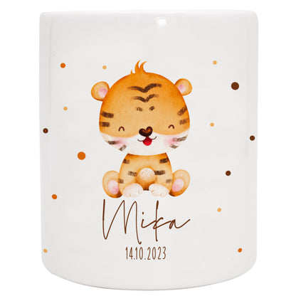 Keramik Spardose mit Name + Datum | Tierkinder - Tiger
