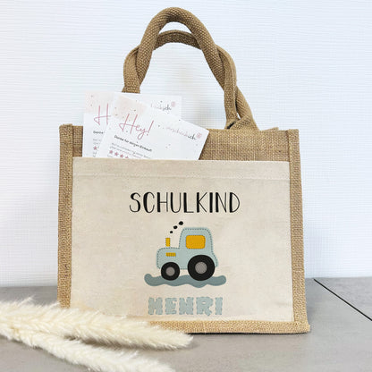 Einschulung | Personalisierte Jute Pocket Tasche | mit Wunschnamen | Schulkind Traktor blau | als Geschenktasche für Schulanfang