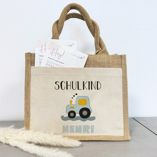 Jute Pocket Tasche mit Namen | Schulkind Traktor blau