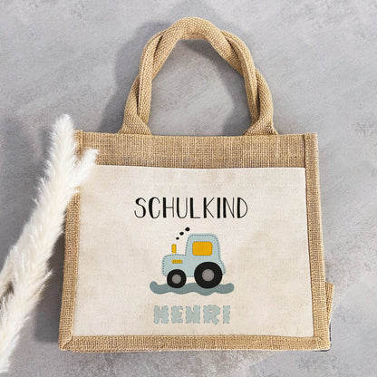 Einschulung | Personalisierte Jute Pocket Tasche | mit Wunschnamen | Schulkind Traktor blau | als Geschenktasche für Schulanfang