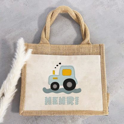 Personalisierte Jute Pocket Tasche | mit Wunschnamen | Traktor blau | Fahrzeuge | persönliches Geschenk für Kinder | auch als Geschenktasche