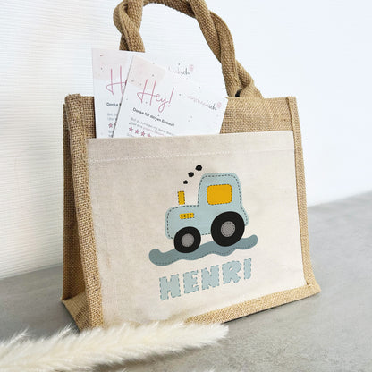 Personalisierte Jute Pocket Tasche | mit Wunschnamen | Traktor blau | Fahrzeuge | persönliches Geschenk für Kinder | auch als Geschenktasche