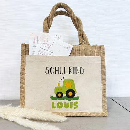 Einschulung | Personalisierte Jute Pocket Tasche | mit Wunschnamen | Schulkind Traktor grün | als Geschenktasche für Schulanfang
