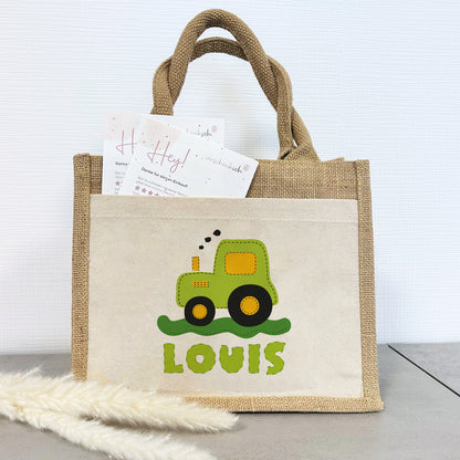 Personalisierte Jute Pocket Tasche | mit Wunschnamen | Traktor grün | Fahrzeuge | persönliches Geschenk für Kinder | auch als Geschenktasche
