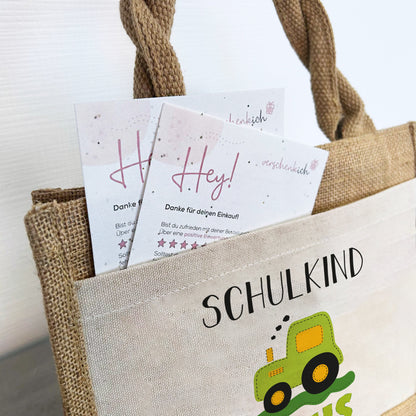 Einschulung | Personalisierte Jute Pocket Tasche | mit Wunschnamen | Schulkind Traktor grün | als Geschenktasche für Schulanfang