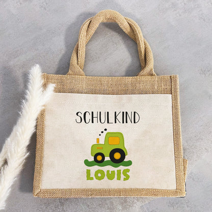 Einschulung | Personalisierte Jute Pocket Tasche | mit Wunschnamen | Schulkind Traktor grün | als Geschenktasche für Schulanfang