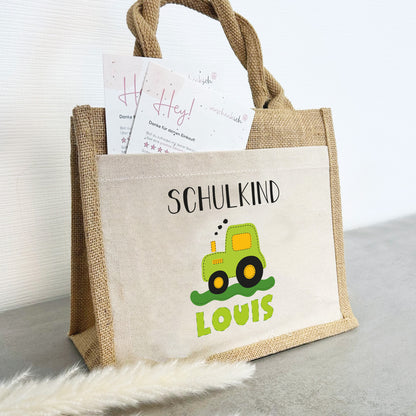 Einschulung | Personalisierte Jute Pocket Tasche | mit Wunschnamen | Schulkind Traktor grün | als Geschenktasche für Schulanfang