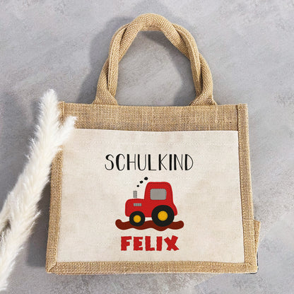 Einschulung | Personalisierte Jute Pocket Tasche | mit Wunschnamen | Schulkind Traktor rot | als Geschenktasche für Schulanfang