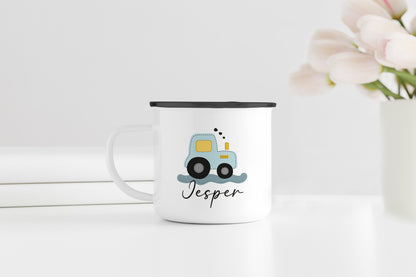 Personalisierter Emaillebecher | Traktor blau | Emaille Tasse | Rand schwarz oder silber | mit Namen | Geschenk Trecker Fans | Geburtstag