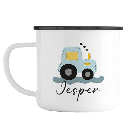 Emaille Tasse mit Namen | Traktor blau