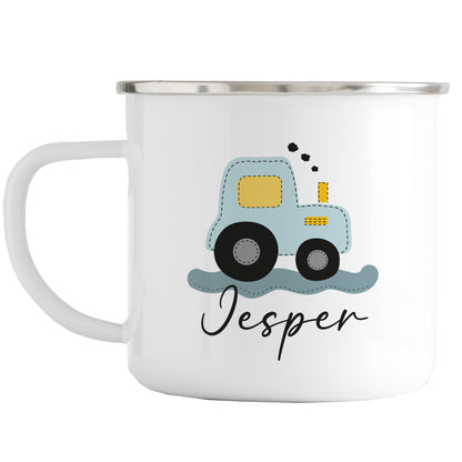 Emaille Tasse mit Namen | Traktor blau