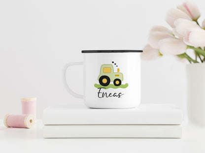 Personalisierter Emaillebecher | Traktor grün | Emaille Tasse | Rand schwarz oder silber | mit Namen | Geschenk Trecker Fans | Geburtstag