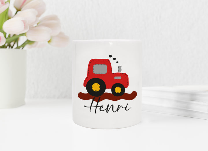 Personalisierte Spardose aus Keramik | mit Wunschnamen | Traktor rot